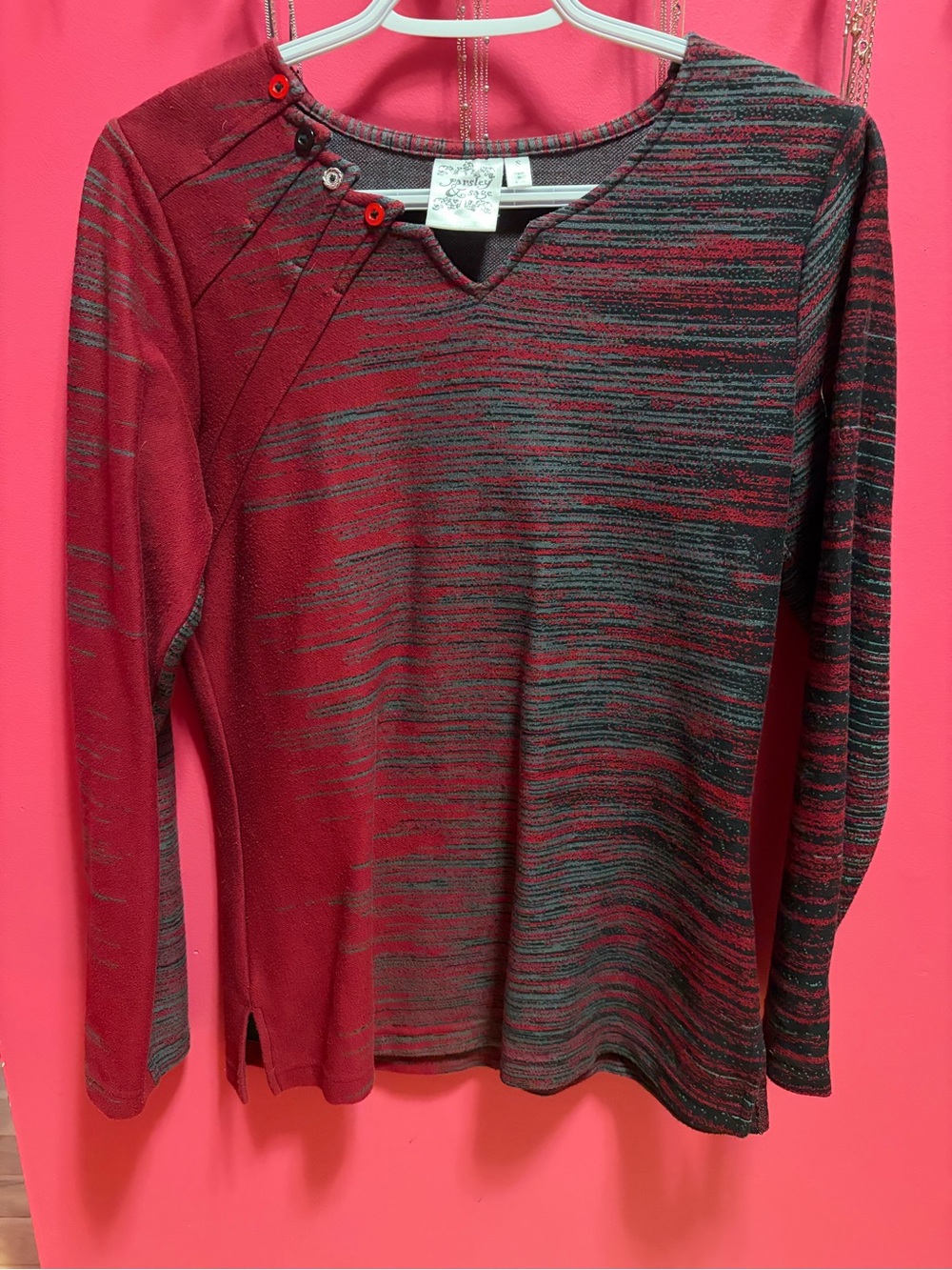 Parsley & Sage Red and Black Marled Button-Neck Sweater
